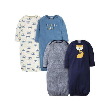 Gerber Baby Boy Lap Shoulder Gowns With Mitten Cuffs, 4-Pack, BLUE FOX, 0-6 Months