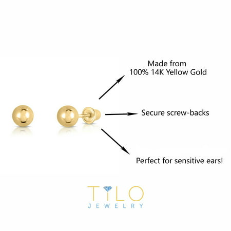 Tilo Jewelry 14k Yellow Gold Ball Stud Earrings with Screw-backs (5mm) Women, Girls, Men, Unisex, 5 mm