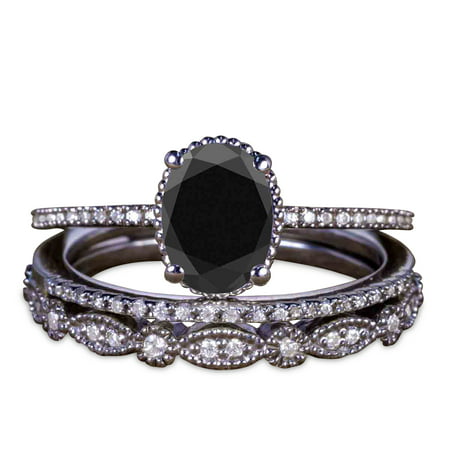 2 Carat Oval Lab Created Black Diamond Engagement Ring with 2pcs Pave Ring Band in 10k Black Gold