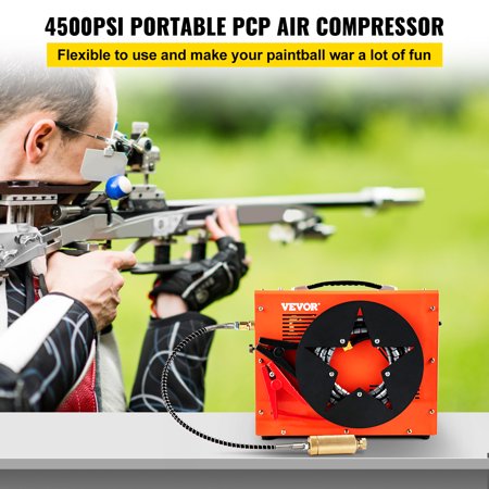 VEVORbrand PCP Air Compressor,4500PSI Portable PCP Compressor,12V DC 110V/220V AC PCP Airgun Compressor Auto-stop,with Built-in Adapter,Fan Cooling,Wire Spool Suitable for Paintball,Scuba,Air Rifle, 350W(Wire Spool)
