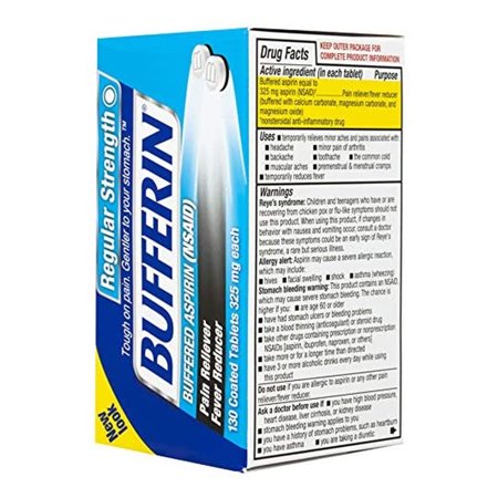 Bufferin Buffered Aspirin. Analgesic, Common Cold Treatment, Anti-Inflammatory and Fever Reducer. 325mg. 130 Coated Tablets. Pack of 3