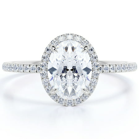 1.25 Carat oval cut Moissanite Halo Engagement Ring in 18k White Gold Over SilverWhite,