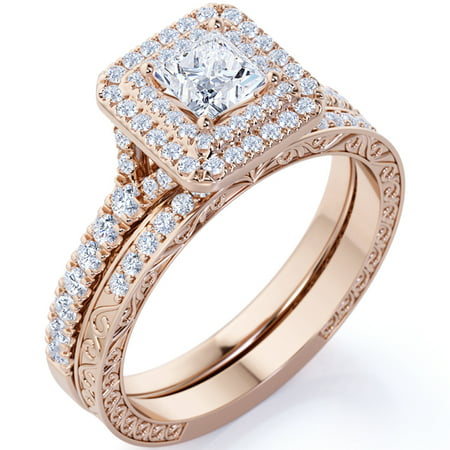 1.25 ct - Square Cut Moissanite - Pave Set - Split Band - Double Halo Engagement Ring - Bridal Set - 18K Rose Gold over Silver