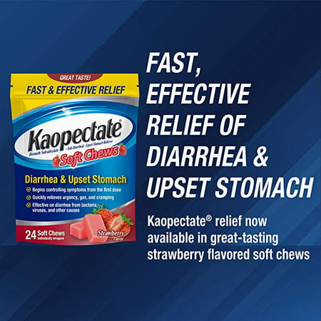 Kaopectate Medicated Soft Chews for Diarrhea & Upset Stomach, Strawberry, 24 Ct
