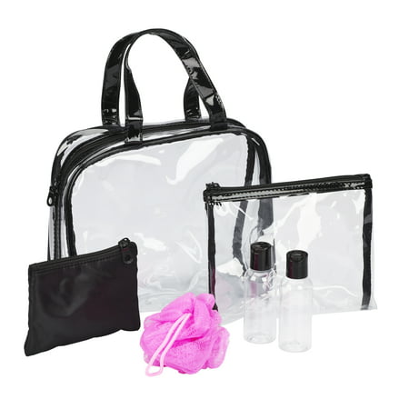 Basics 6-Piece Transparent PVC Travel Tote Includes Small Flat Zipper Pouch, Medium Transparent Zipper Pouch, 2 Travel-Sized Liquid Bottles & Compact Loofah