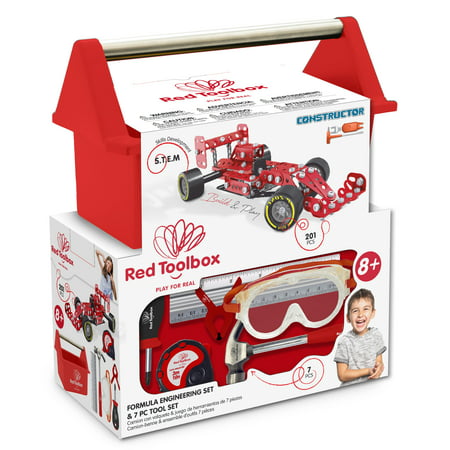 Red Toolbox Kids 7pc Tool Set and Car Engineering Kit, Includes Hand Tools, Toolbox, and Kit