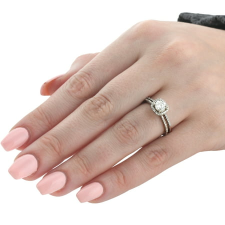 1CT Diamond Engagement Ring Cushion Halo Wedding Ring Set 14K White Gold, White Gold, 5.5