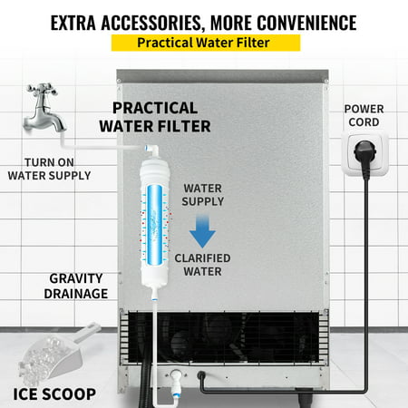 VEVORbrand Commercial Ice Maker 120-130lbs/24H with 33lbs Bin, Full Heavy Duty Stainless Steel Construction, Automatic Operation, Clear Cube for Home Bar, Include Water Filter, Scoop, Connection Hose, 120-130lbs/24h