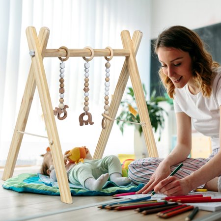 Foldable Wooden Baby Gym with 3 Wooden Baby Teething Toys Hanging Bar Natural