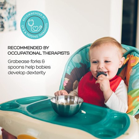 Grabease Baby and Toddler Self-Feeding Utensils ? Spoon and Fork Set for Baby-Led Weaning ? Made of Non-Toxic Plastic ? Featuring Protective Barriers to Prevent Choking and GaggingLavender,