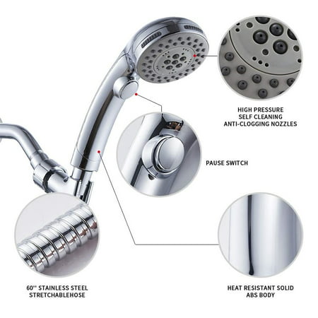 Handheld Shower Head - Long Hose, High Pressure, Chrome Finish Bathroom Faucet Kit with Rainfall Head - Universal Adapter Holder Mount for Wall - Chrome