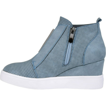 Women's Journee Collection Clara Wedge Sneaker Blue Faux Leather 9 M, Blue Faux Leather, 9 MED