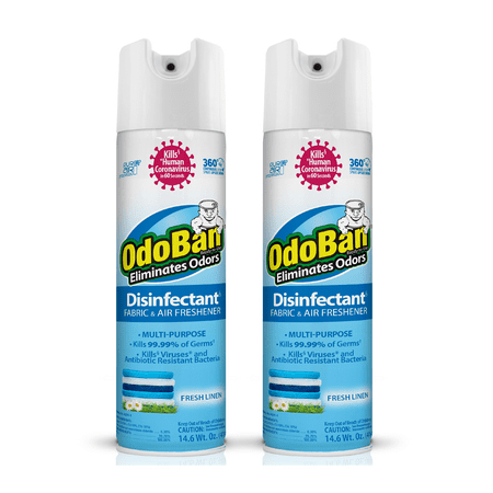 OdoBan Ready-to-Use 360-Degree Continuous Spray Disinfectant and Harsh Aroma Eliminator, Fabric and Air Freshener, 2 Pack, 14.6 Ounces Each, Fresh Linen Scent, 2-Pack