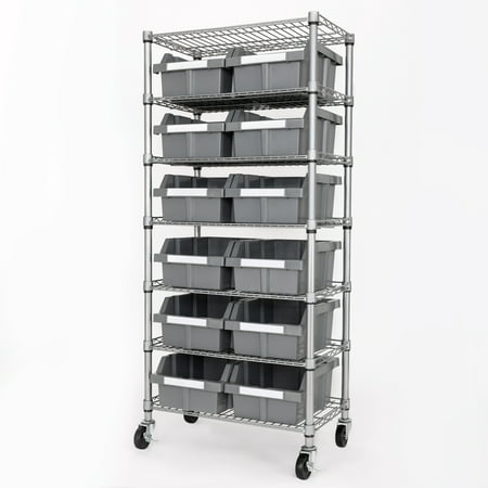 Seville Classics Commercial 7 Tier NSF 12 Bin Steel Rack Shelving Storage, 24 x 14.25 x 56