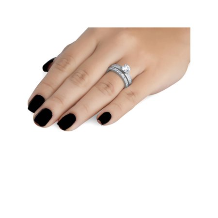 1 Carat Diamond Engagement Ring Matching Wedding Band Prong Set 14K White Gold, White Gold, 7.5