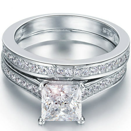 2 Carat Princess Cut Moissanite Wedding Set - Bridal Set - Channel Set Ring - Unique Ring - 18k White Gold Over SilverWhite,