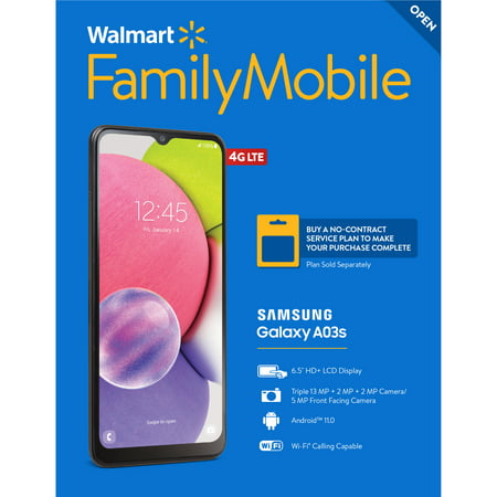 Walmart Family Mobile Samsung Galaxy A03s, 32GB, Black- Prepaid Smartphone