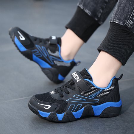 Engtoy boys shoes quality mesh breathable children's sports blue shoes US size 3.5, Black/Bule, 3.5