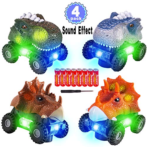 4 Pack Dinosaur Cars With Led Light & Sound Easter Gift Dino Car Toys Car Gifts Animal Vehicles Monster Truck Playset For Boys Girls Toddles Kids Birthday Gifts Classroom Prize Gift Exchange