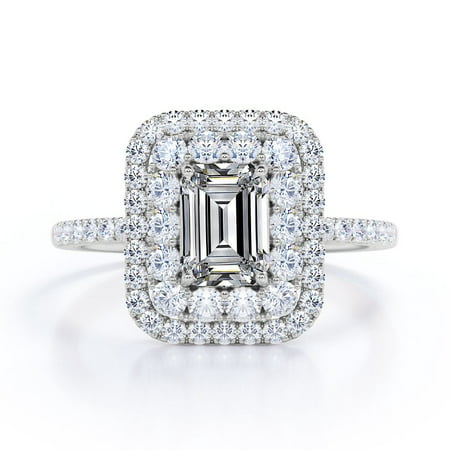 2 Carat Emerald Cut Moissanite Engagement Ring - Bridal Ring - Double Halo Ring - Cluster Ring - 18k White Gold Over SilverWhite,