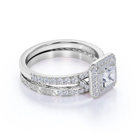 1.25 ct - Square Cut Moissanite - Pave Set - Split Band - Double Halo Engagement Ring - Bridal Set - 18K White Gold over Silver, 8