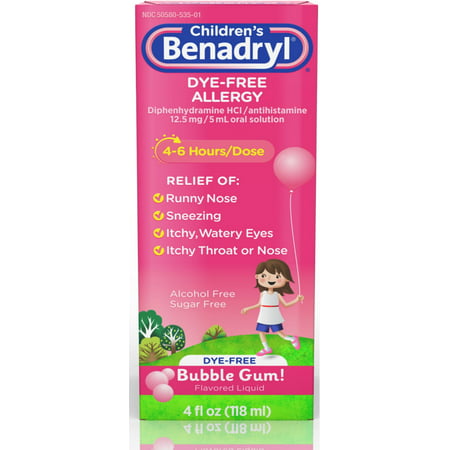 Benadryl Children's Dye-Free Allergy Liquid, Bubble Gum 4 oz (Pack of 3)