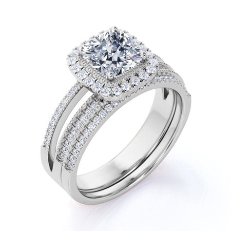 Cushion Cut Real Diamond Engagement Ring - Split Shank - Halo Ring - Wedding Set - 10K White Gold, 7