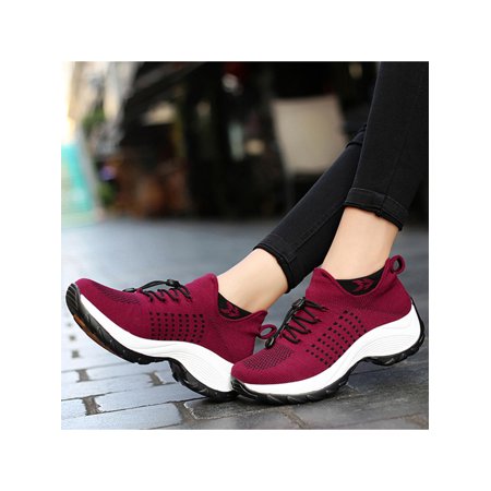 SIMANLAN Slip On Sneakers Women Wide Width Walking Running Sock Wedges Fashion Ladies Shoes Red 5.5Red,