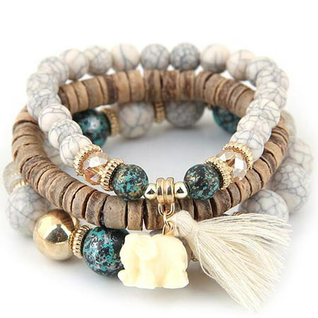 Women Wood Beads Bracelets Boho Small Elephant Charm Bracelets Set Vintage Style Jewelry GlSTE, White, 1 PCS