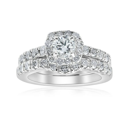 1 1/4Ct Cushion Halo Diamond Engagement Matching Wedding Ring Set 14K White Gold, White Gold, 8