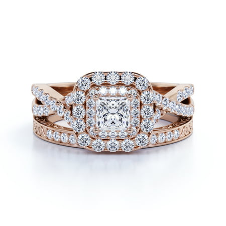 1.25 ct - Square Moissanite - Double Halo - Twisted Band - Vintage Inspired - Pave - Wedding Ring Set in 10K Rose Gold, 7