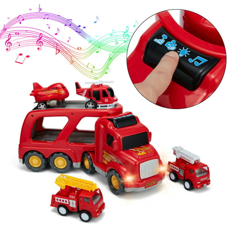 QIYAA Transport Car Plane Toys for 3 4 5 6 Years Old Boys and Girls, Friction Powered Car Trailer with Sound and LightRed,