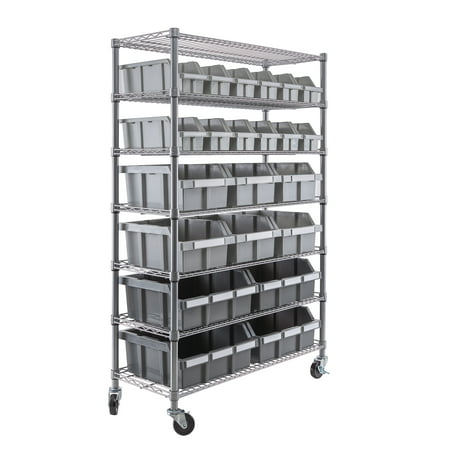Seville Classics Commercial 7-Tier NSF 22-Bin Rack Steel Storage System, 14 x 36 x 56 Platinum/Gray