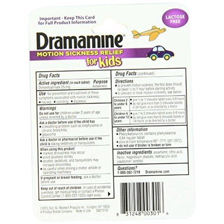 Dramamine Motion Sickness Relief for Kids Travel Case, Grape, 8 ct, 2-Pack
