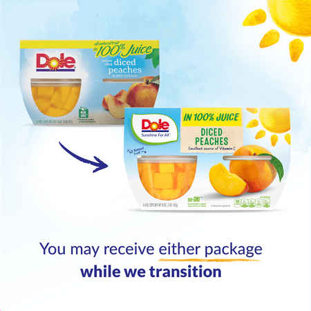 Dole Fruit Bowls Yellow Cling Diced Peaches in 100% Fruit Juice, 4 Oz Bowls, 4 Cups of Fruit