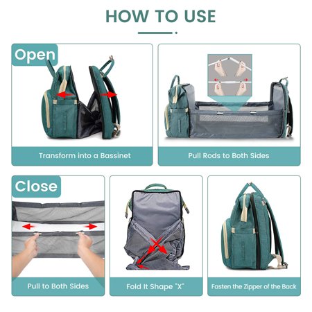 Travel Diaper Bag Backpack Foldable Baby Bed, Crib Diaper Backpack, Multifunctional Waterproof Portable Baby Bag, Large Capacity Baby Changing Bag, Portable Bassinet for Baby Newborns BedGreen,