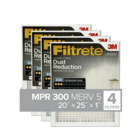 Filtrete by 3M, 20x25x1, MERV 5, Dust Reduction HVAC Furnace Air Filter, Captures Dust and Lint, 300 MPR, 4 Filters