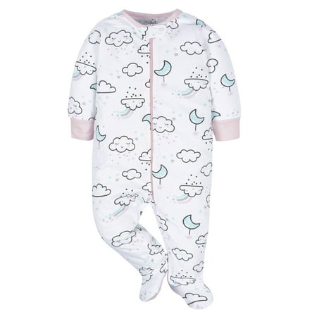 Gerber Baby Girl Sleep 'N Play Footed Pajamas, 4-Pack, Clouds, 3-6 Months