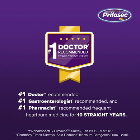 "Prilosec OTC Frequent Heartburn Relief Medicine and Acid Reducer, Wildberry Flavor, 14 Tablets Omeprazole Delayed-Release Tablets 20mg - Proton Pump"