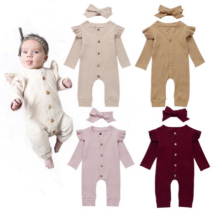 2PCS Newborn Baby Girl Boy Long Sleeve Autumn Clothes Set Knitted Romper Jumpsuit Outfits+Headband, tan, 6-12 Months