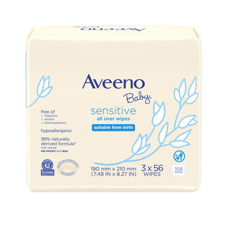 Aveeno Baby Sensitive All Over Aloe Baby Wipes, 3 Resaleable Packs (168 Total Wipes)