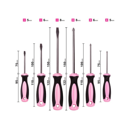 Pink Power Magnetic Screwdriver Set - 6 Piece Phillips Head and Flat Head Hand Pink Tool Set for Women & Ladies - Insulated Screwdriver Kit with Magnetic Tip - Screw Drivers Set