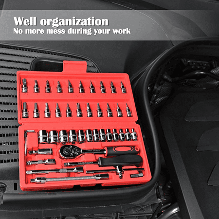 GOXAWEE 46 Pieces 1/4 inch Drive Socket Ratchet Wrench Set, with Bit Socket Set Metric and Extension Bar for Auto Repairing and Household