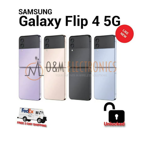 Open Box Samsung Galaxy Z Flip 4 5G SM-F721U1 128/256/512GB - All Colors Unlocked Cell Phones - No Retail Box, Blue
