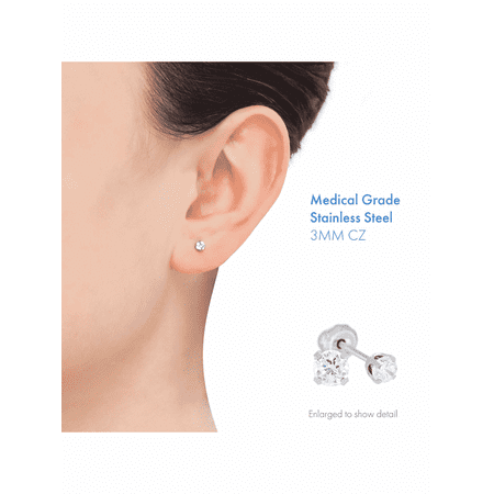 Women's Befitting Inverness Home Ear Piercing Kit with 3 mm Cubic Zirconia Stud Earrings in Hypoallergenic Stainless SteelSilver,