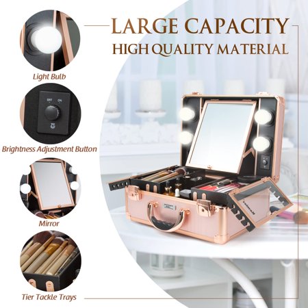 Kemier Makeup Train Case - Cosmetic Organizer Box Makeup Case with Lights and Mirror / Makeup Case with Customized Dividers / Large Makeup Artist Organizer Kit (Rose Gold)Rose Gold,