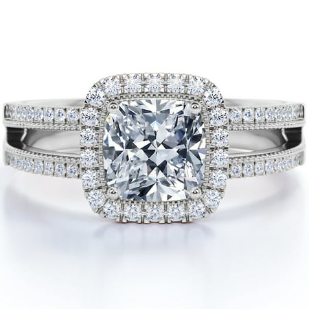 Exquisite 1.10 Carat Cushion Cut Moissanite Halo Split Shank Engagement Ring in 18k White Gold Over Silver