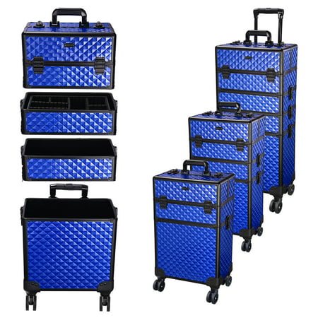 Byootique Classic Blue 4in1 Rolling Makeup Case on Wheels Cosmetic Storage Organizer Travel Train Case Divider, Blue