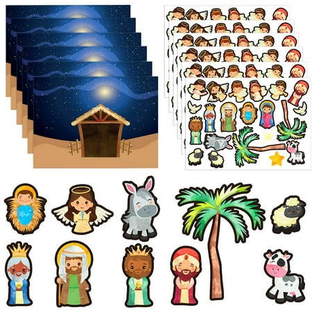WaaHome Nativity Stickers,24 Sheets Make a Nativity Scene Sticker,Funny Christmas Crafts for Religious Party Favor Nativity Scene Party Game for Kids