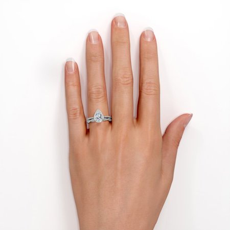 1.25 Carat pear cut Moissanite and Diamond Halo Bridal Wedding Ring Set in 10k White Gold